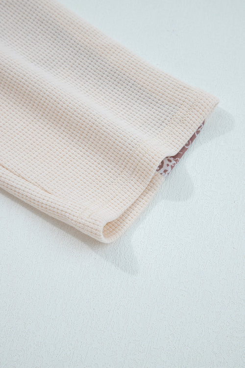 Beige Paisley Ethnic Print Waffle Patchwork Long Sleeve Loose Top