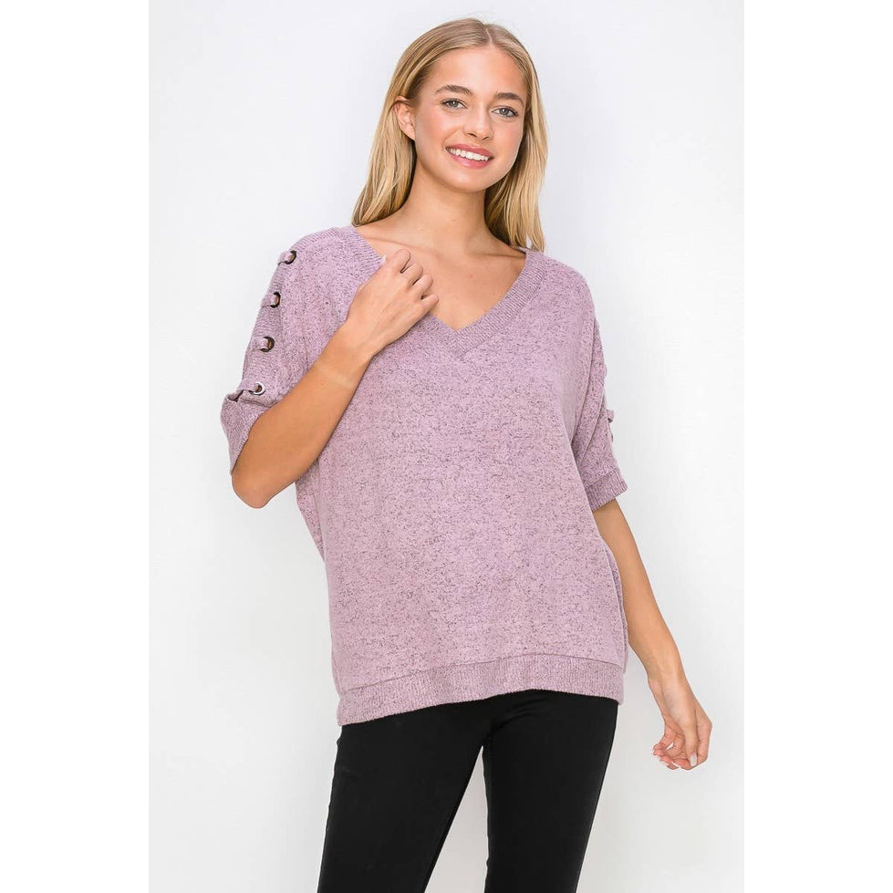 Perseption - Grommet Lace Up Sleeve V Neck Top