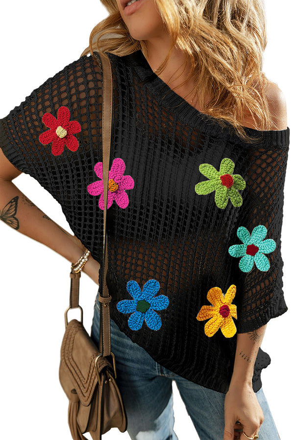 Light Beige Hollowed Crochet Colorful Flower Loose Knit T Shirt