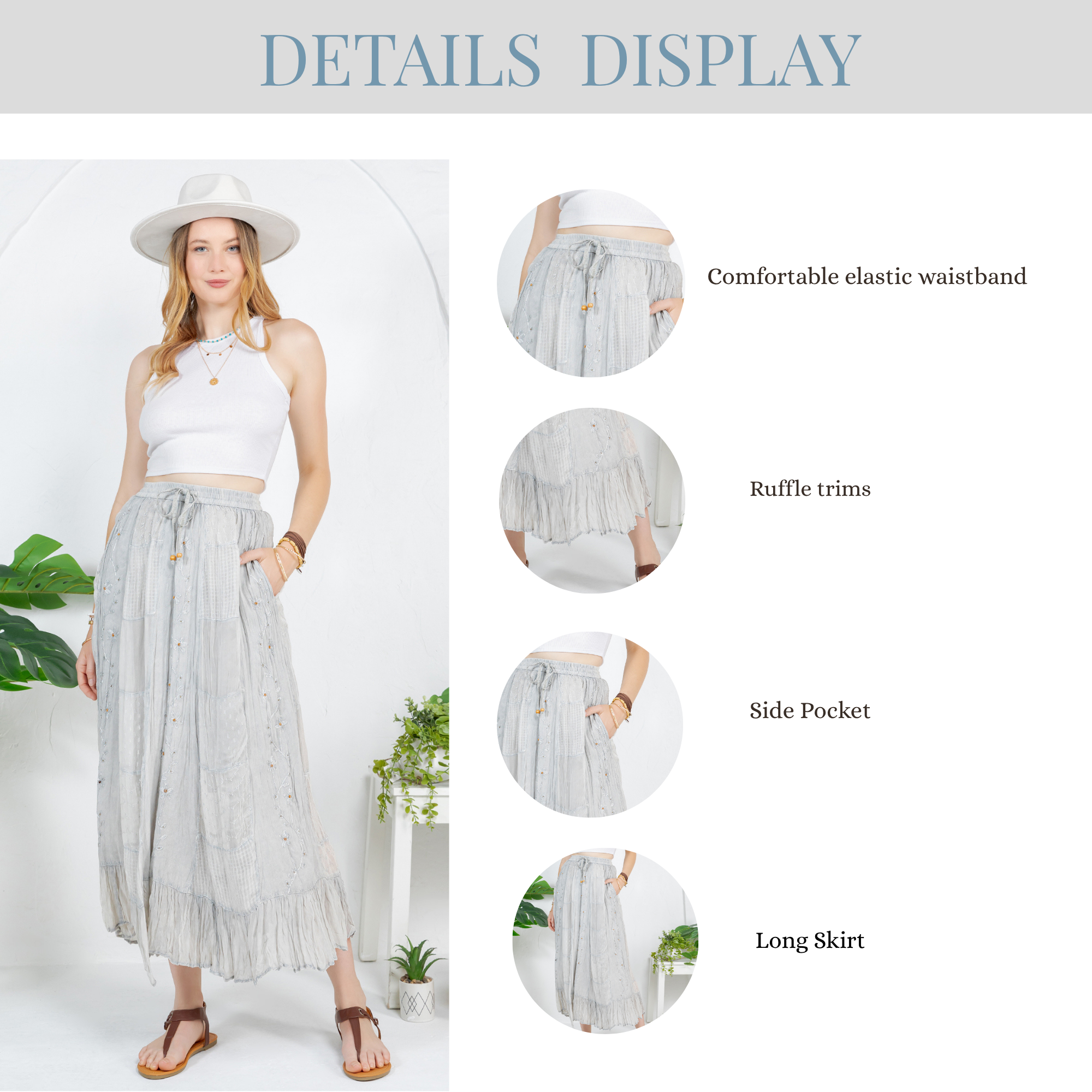 Young Threads - Women Patchwork Embroidered Maxi Skirt With Side Pockets: CHARCOAL TRIM / REGULAR (S-M-L-XL 1-2-2-1)