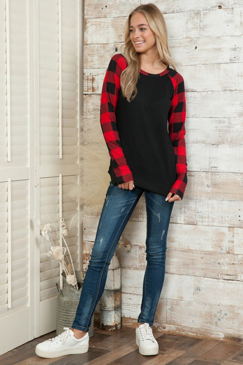 Plaid Solid Contrast Long Sleeve Top
