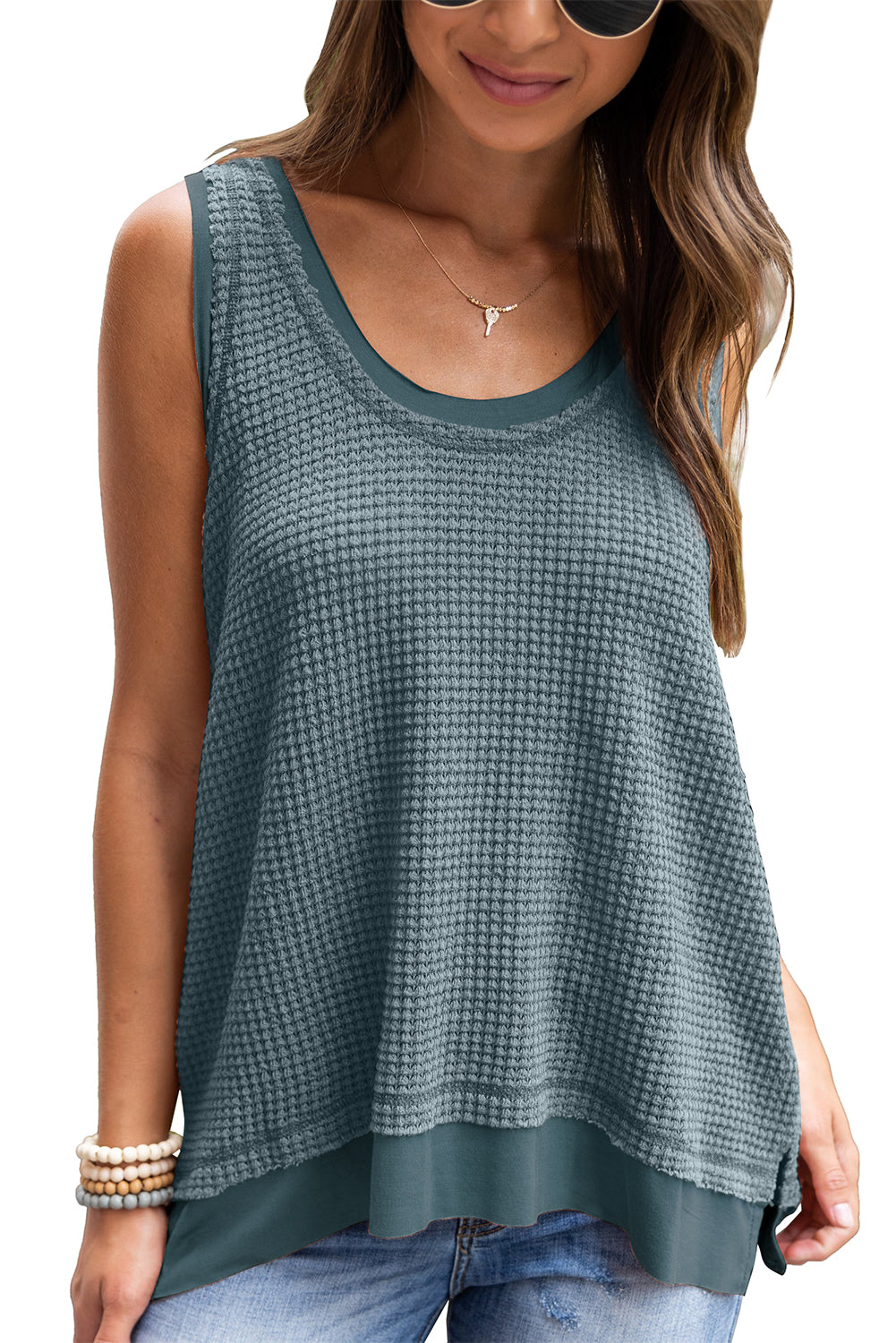 Black Scoop Neck Waffle Knit Splicing Flowy Vest