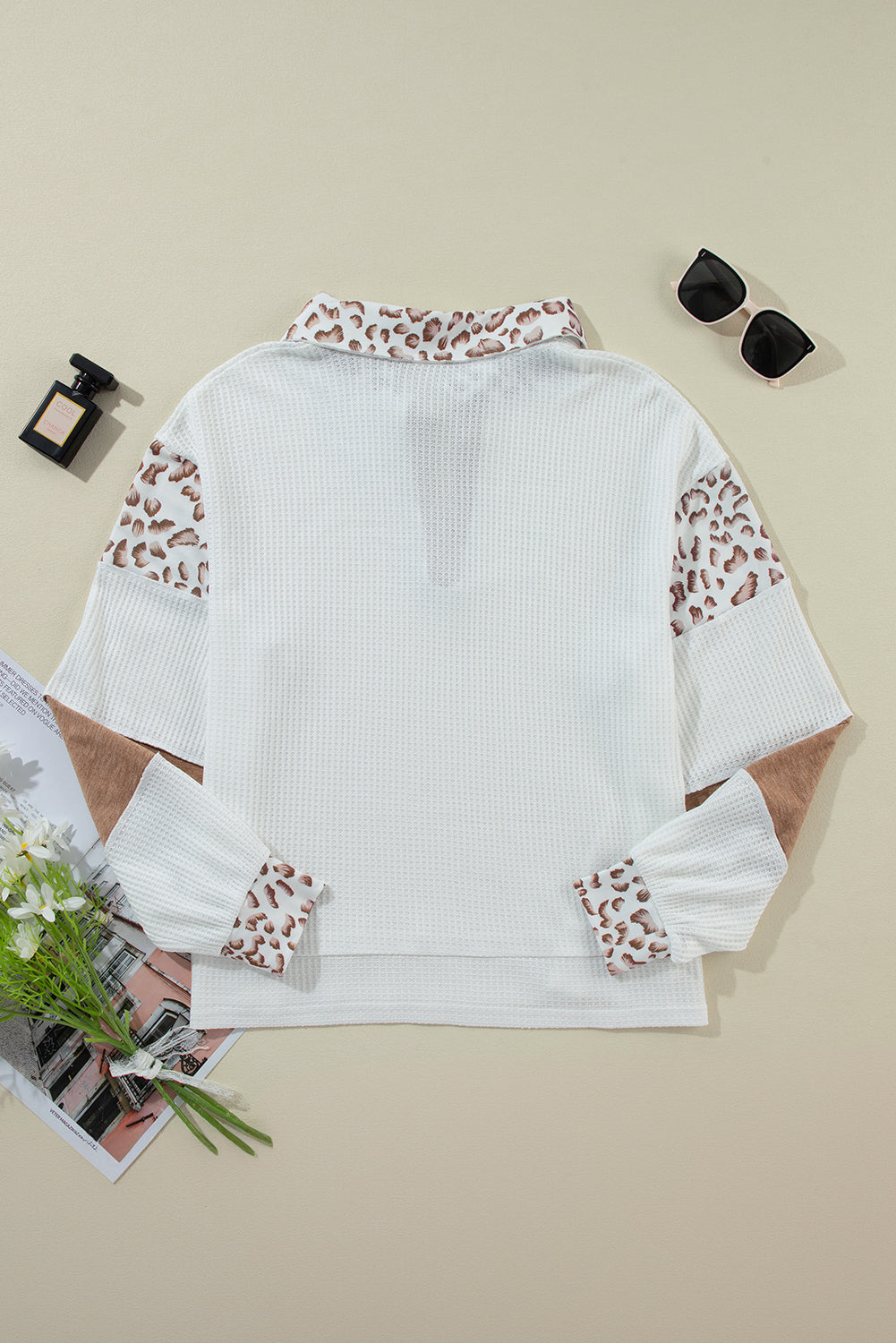 White game day Bow Embroidered Leopard Patchwork Collared Top