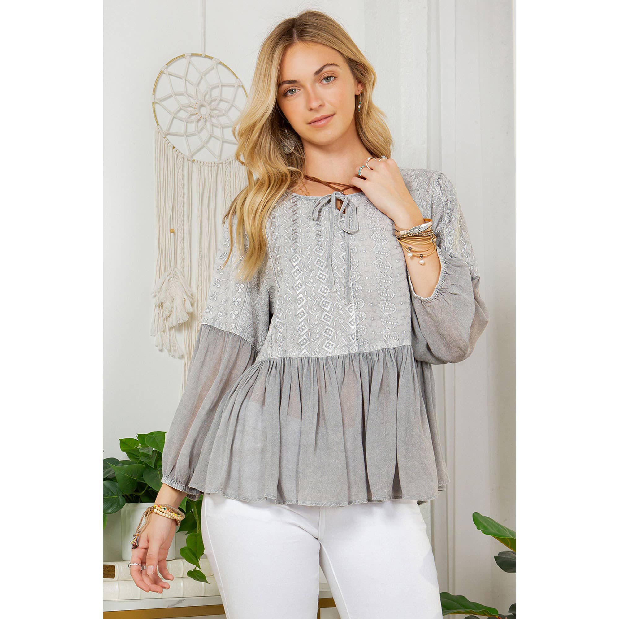 YOUNG THREADS - French Bohemian Peplum Top - Symphony Of Schiffli Embroidery