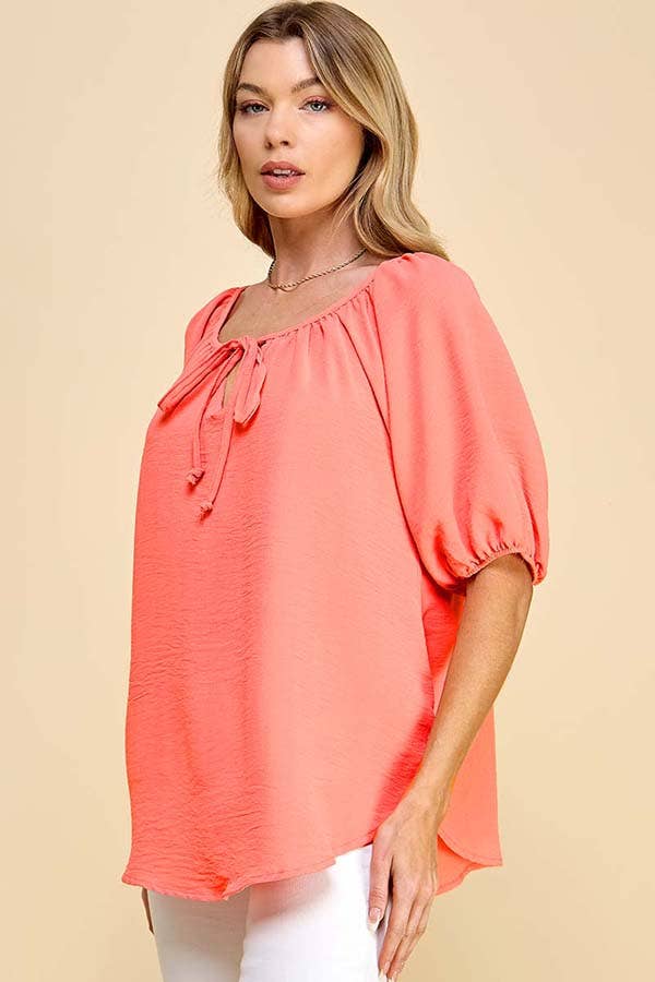 Shopin LA - ST4082D - WOMEN SOLID PUFF SHORT SLV WOVEN TOP W TIE DETAIL