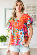 Sky Blue Boho Abstract Print V Neck Flutter Sleeve Blouse