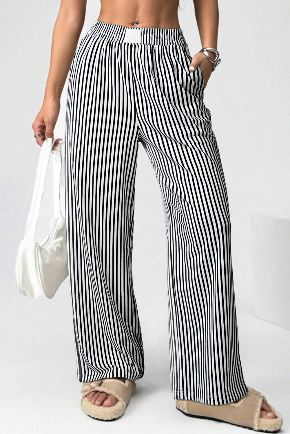 Black Striped Elastic Waistband Pocketed Loose Pants