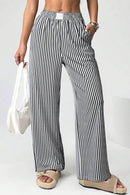 Black Striped Elastic Waistband Pocketed Loose Pants