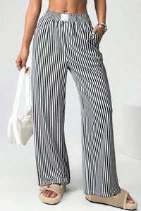 Black Striped Elastic Waistband Pocketed Loose Pants