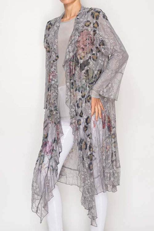 Origami Apparel ~  Lace and Crochet inspired - Lightweight Floral Lace Ruffle Duster With Sparkles - 4849GREY LEO FL