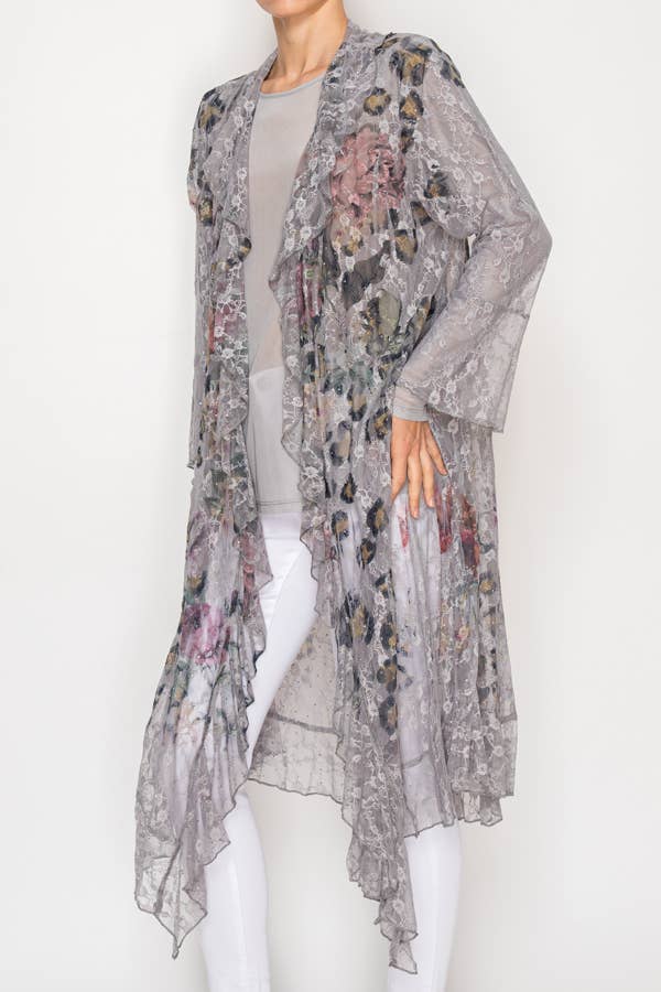 Origami Apparel ~  Lace and Crochet inspired - Lightweight Floral Lace Ruffle Duster With Sparkles - 4849GREY LEO FL