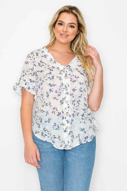 Perseption - V Neck Button Down Ruffle Short Sleeve Shirt
