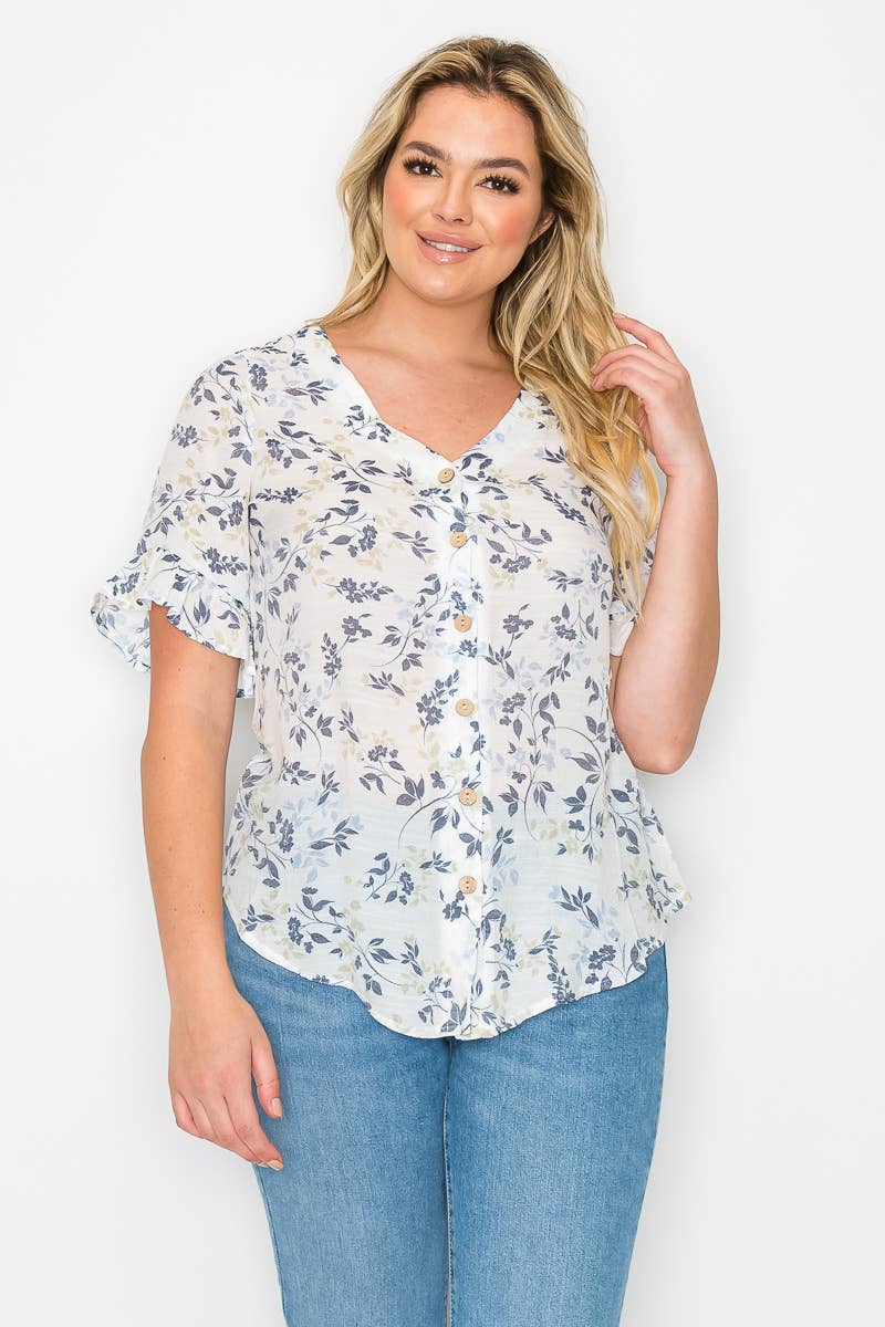 Perseption - V Neck Button Down Ruffle Short Sleeve Shirt