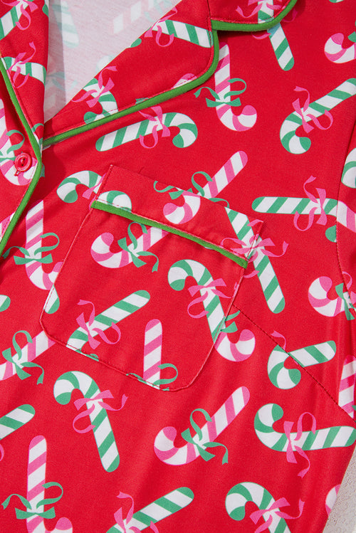 Red Christmas Candy Cane Print Pajama Set