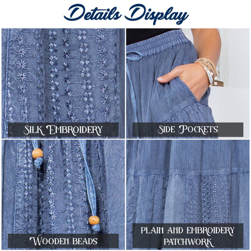 Young Threads - Retro Chic Crinkled Tiered Green Skirt With Mixed Embroidery Patch