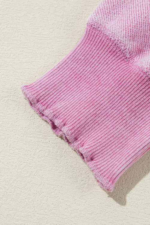 Orchid Petal Waffle Patchwork Raglan Sleeve Exposed Seam Sweatshirt