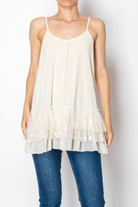 Origami Apparel ~  Lace and Crochet inspired - Adjustable Relaxed Cami Tank With Layered Ruffled Trim - T14 BEIGE