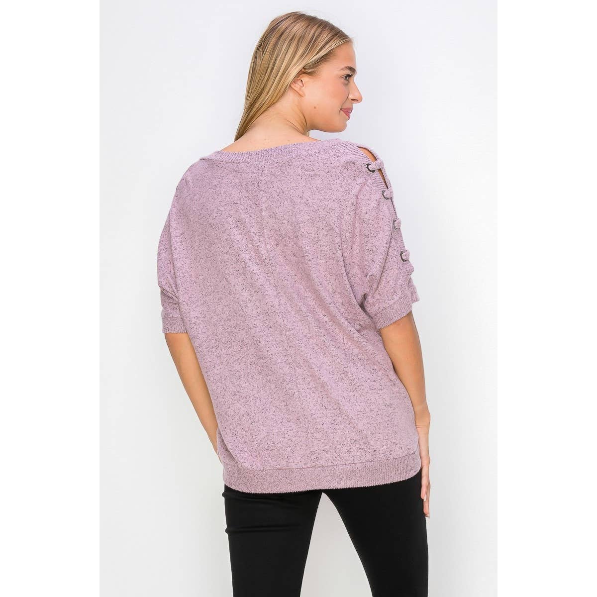 Perseption - Grommet Lace Up Sleeve V Neck Top