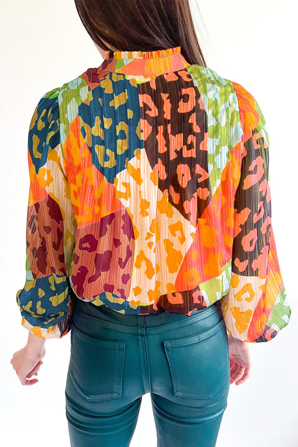 Orange Leopard Print Puff Sleeve Crinkle Blouse