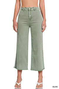 42POPS - ",,..Acid Washed Frayed Cutoff Hem Straight Wide Pants