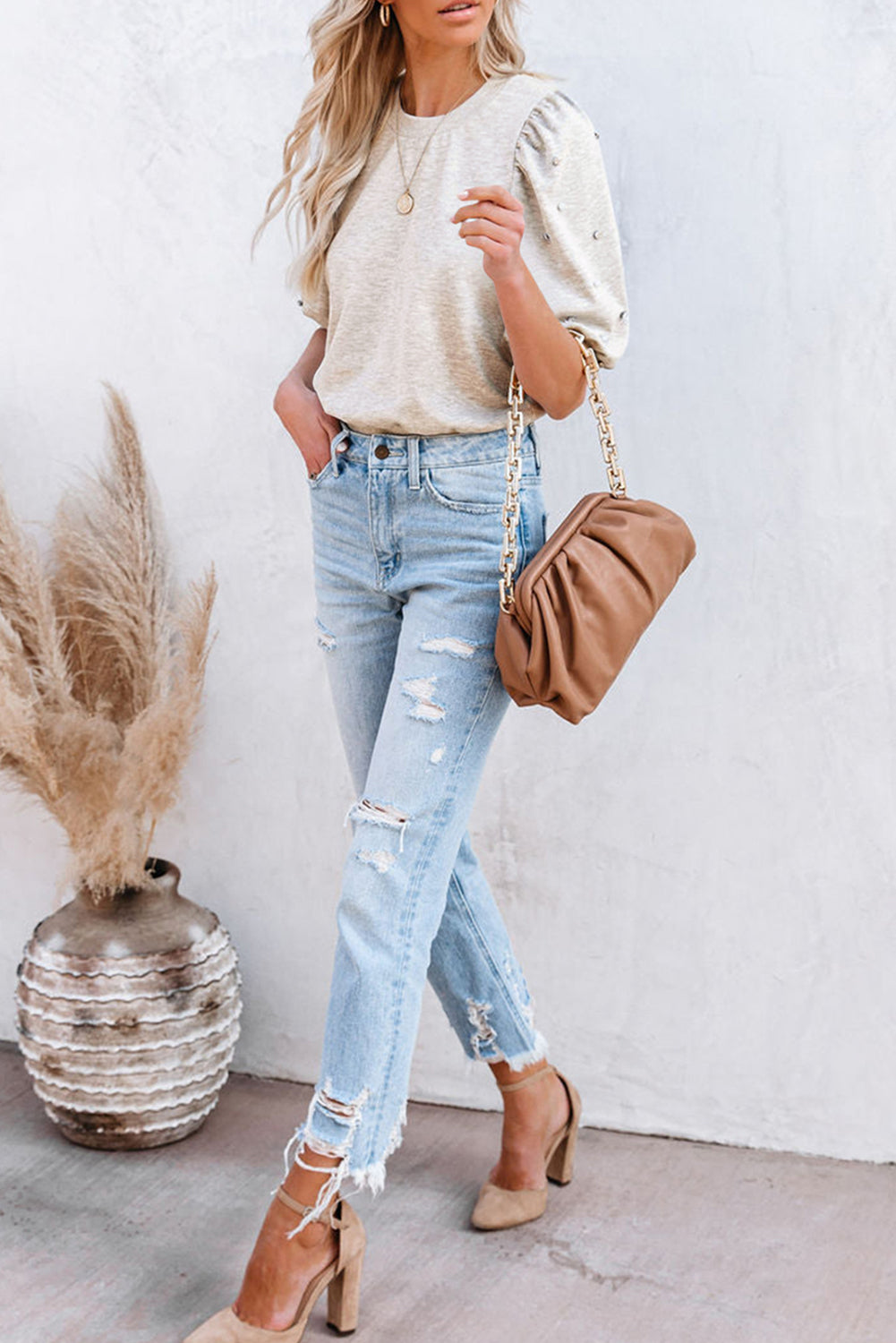 Black Rhinestone Pearl Puff Sleeve Plain T Shirt