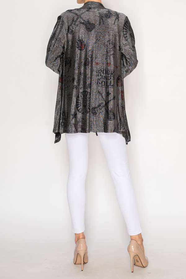 Origami Apparel ~  Lace and Crochet inspired - Printed Shimmery Lurex Cardigan - OLS-4883BK-SIL RNR