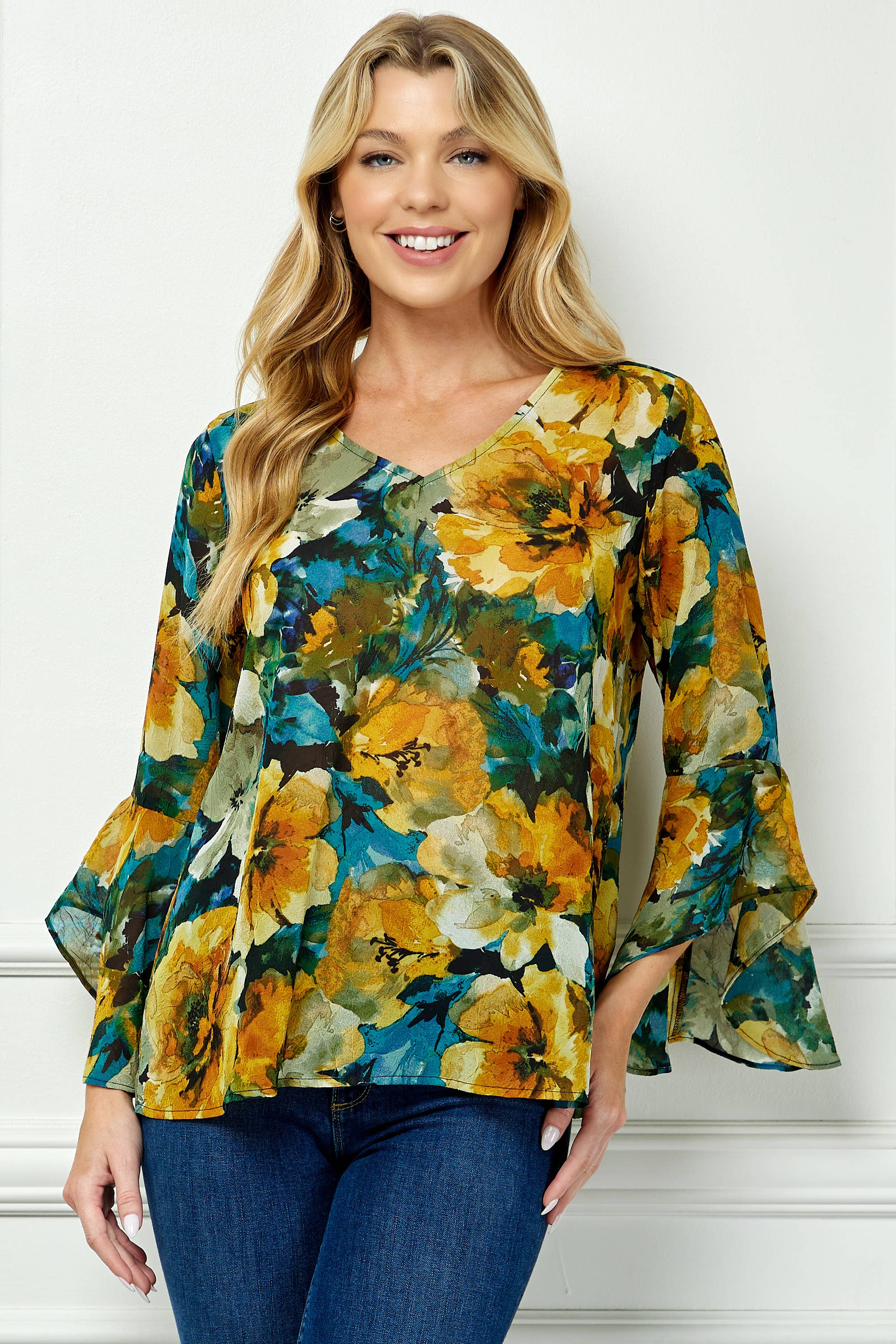 Winslow Collection - RUFFLE SLEEVE V-NECK SWING BLOUSE