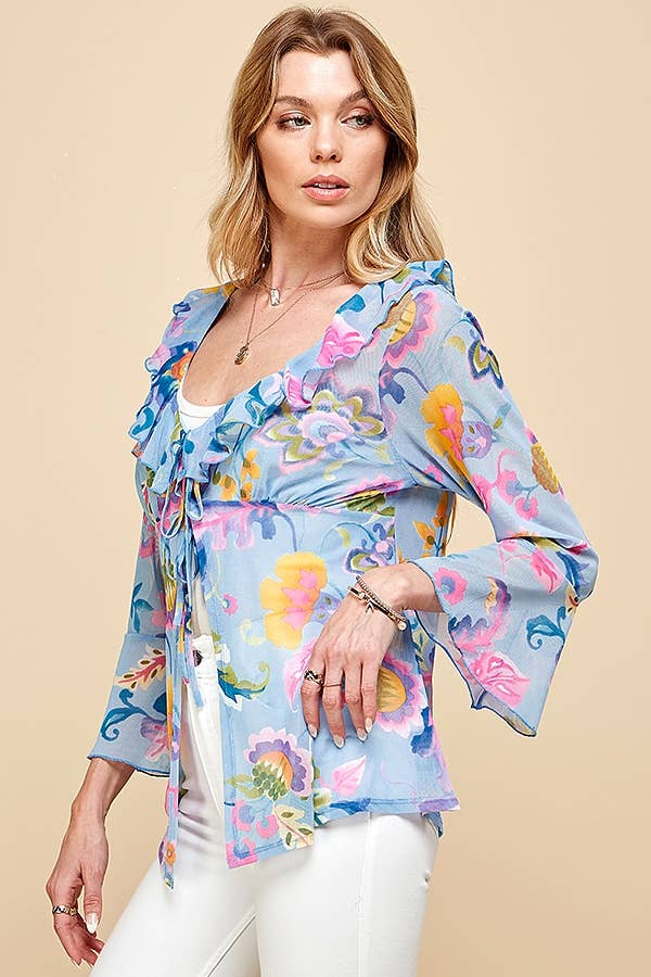 Shopin LA - .ST4069 - WOMEN MESH FLORAL TIE FRONT BELL SLEEVE TOP