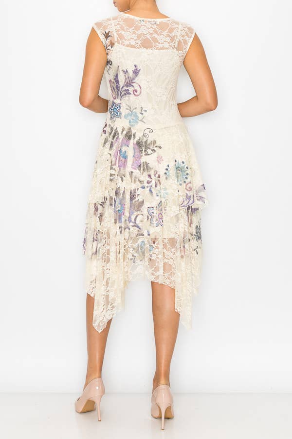 Origami Apparel ~  Lace and Crochet inspired - Whimsical Sleeveless Lace Midi Dress With Unattached Slip - 4609BG EMBO FL