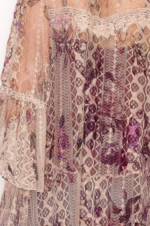 Origami Apparel ~  Lace and Crochet inspired - Ethereal Lace Tiered High-Low Kimono Cardigan - 4508 TAUPE/2 ROSE