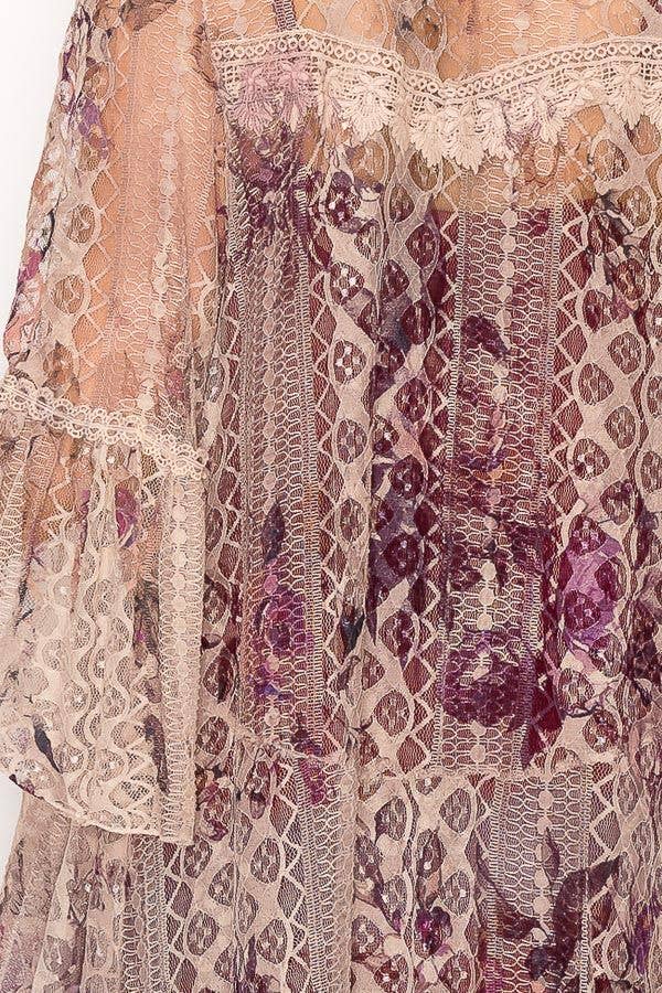 Origami Apparel ~  Lace and Crochet inspired - Ethereal Lace Tiered High-Low Kimono Cardigan - 4508 TAUPE/2 ROSE