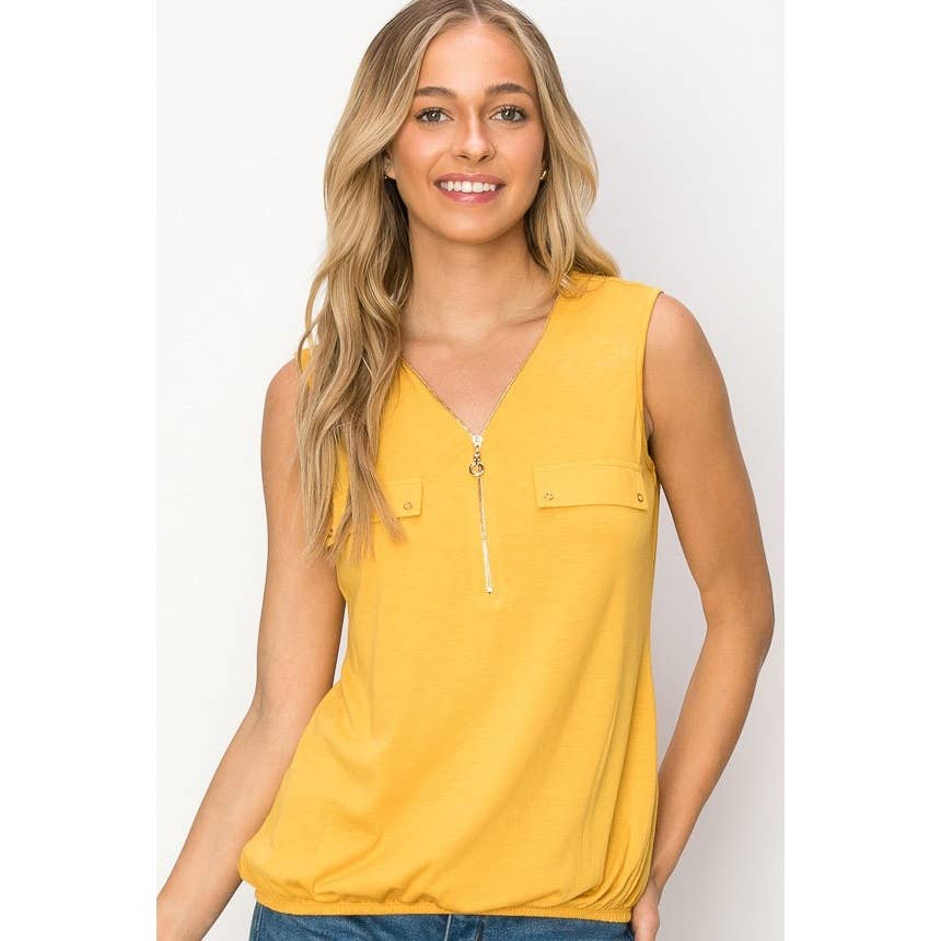 Perseption - Zipper Placket Front V Neck Sleeveless Knit Top