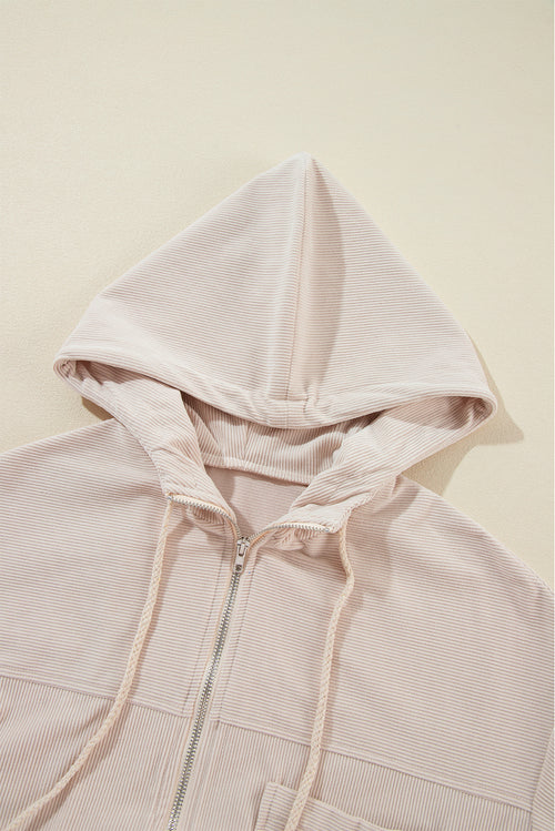 White Corduroy Drawstring Hooded Pocket Zip Up Jacket