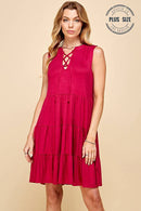 Shopin LA - SPD7008P  PLUS SOLID SLEEVELESS FRONT LACE TIERED DRESS