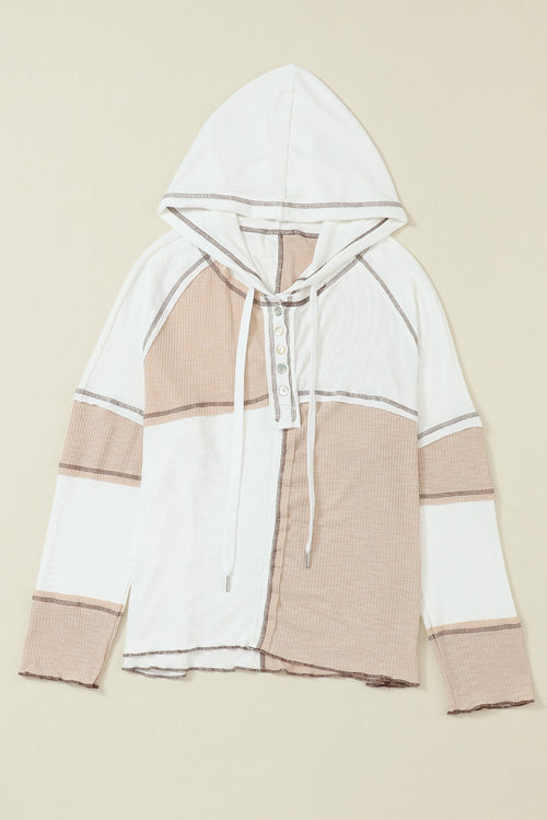 Gray Exposed Seam Ribbed Henley Hooded Long Sleeve Top