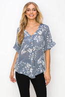 Perseption - V Neck Button Down Ruffle Short Sleeve Shirt