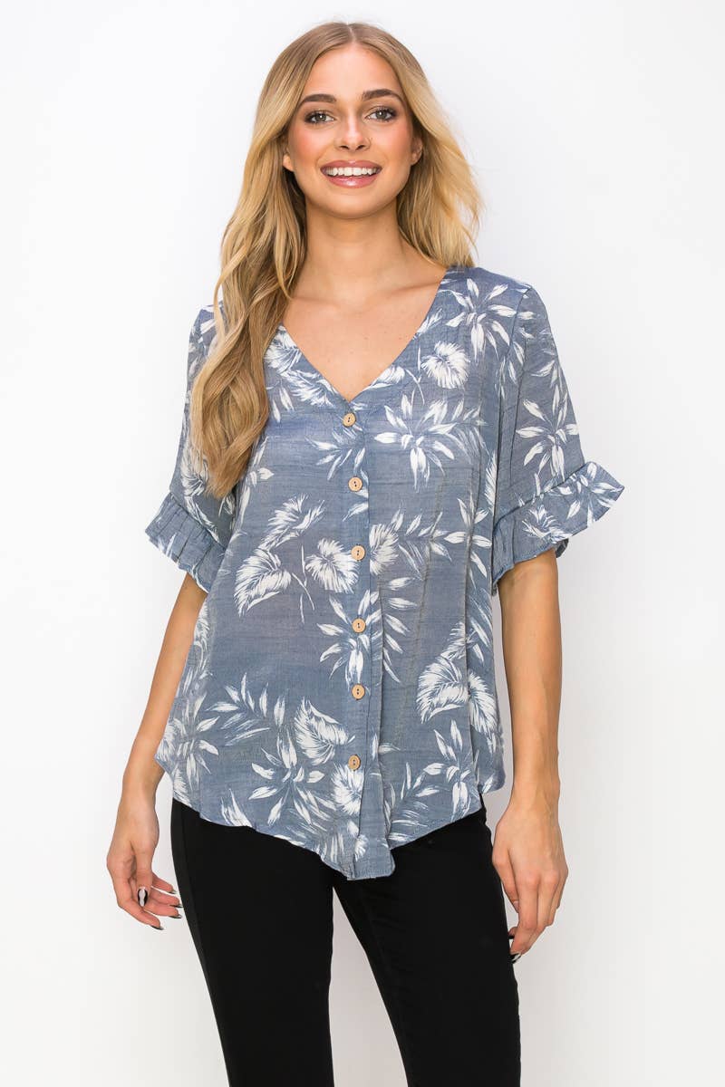 Perseption - V Neck Button Down Ruffle Short Sleeve Shirt