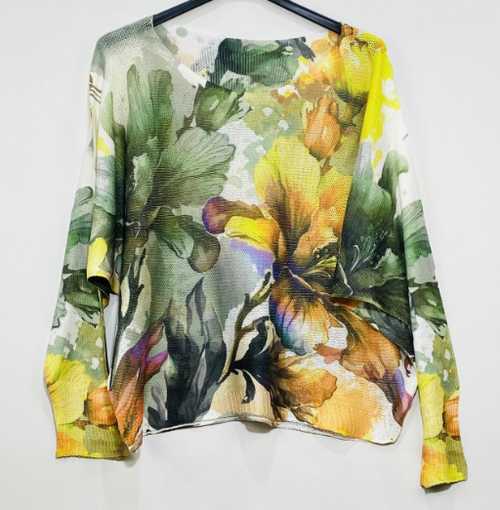 LOOWIE - 501 Olive Yellow Floral Round Knit Printed Sweater LOOWIE