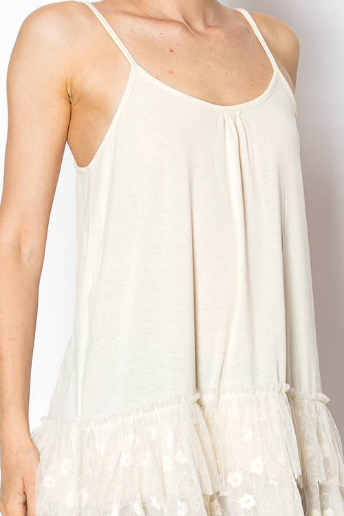 Origami Apparel ~  Lace and Crochet inspired - Adjustable Relaxed Cami Tank With Layered Ruffled Trim - T14 BEIGE