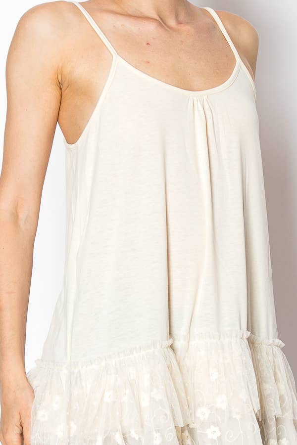 Origami Apparel ~  Lace and Crochet inspired - Adjustable Relaxed Cami Tank With Layered Ruffled Trim - T14 BEIGE