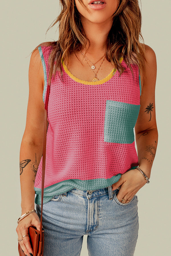 Rose Red Color Block Patched Pocket Waffle Knit Tank Top