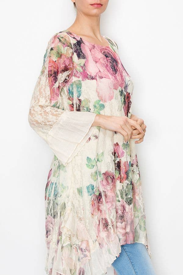 Origami Apparel ~  Lace and Crochet inspired - OLS-4565 BG/BIG ROSE Dress