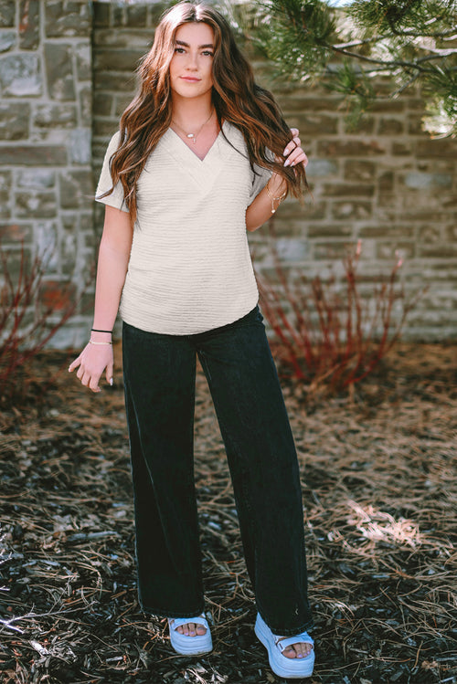 Pale Khaki Solid Color V-Neck Textured Blouse