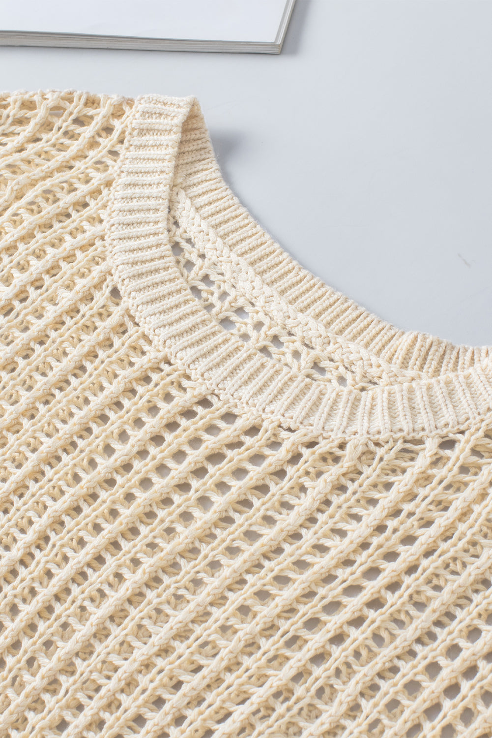 Apricot Fishnet Knit Ribbed Round Neck Short Sleeve Tee