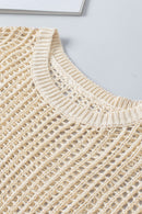Apricot Fishnet Knit Ribbed Round Neck Short Sleeve Tee