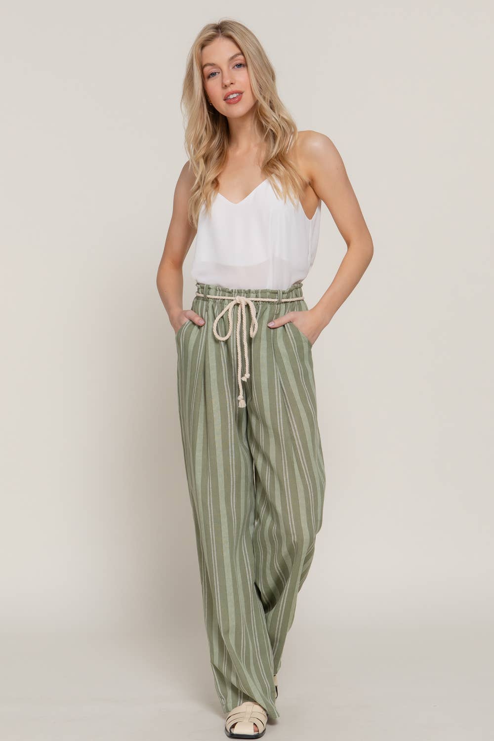42POPS - ...SI-27859 Rope Belted Stripe Print Linen Effect Pants w/ Pock