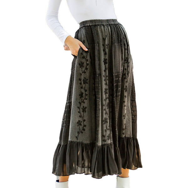 Young Threads - Women Patchwork Embroidered Grey Maxi Skirt With Side Pockets