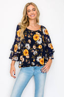 Perseption - Scoop Neck Double Ruffle Flounce Sleeve Blouse