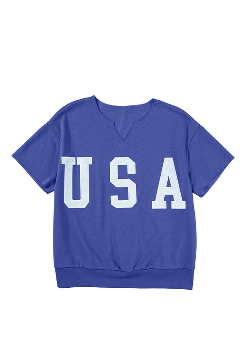 Light Grey USA Letter Patch Notched Neck Loose Tee