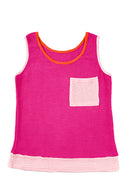 Rose Red Color Block Patched Pocket Waffle Knit Tank Top